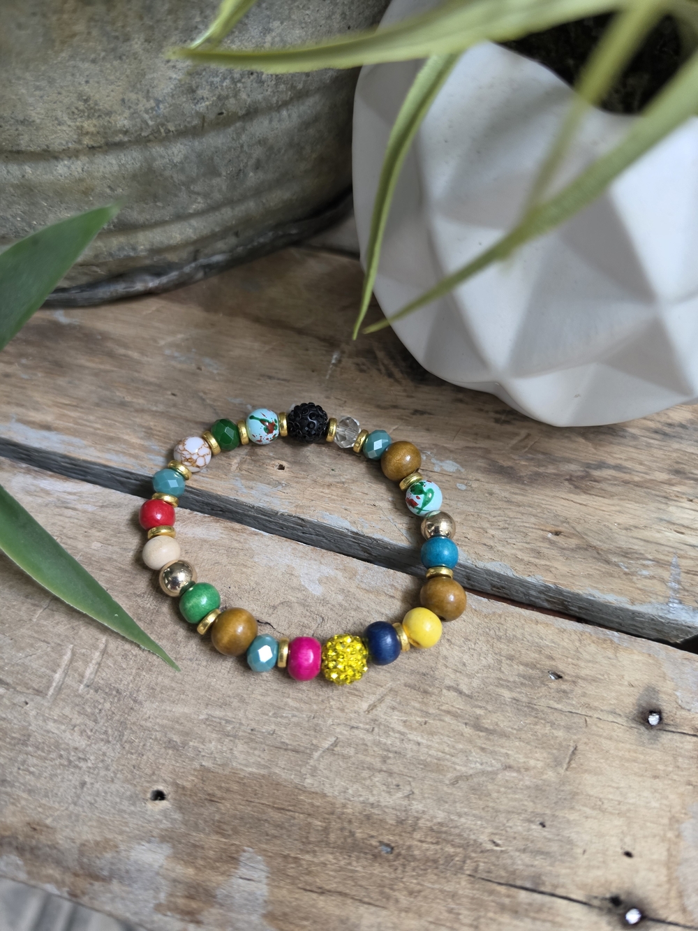 Colorful Boho Stretch Beaded Bracelet Wood Glass Rhinestone Statement Jewelry
